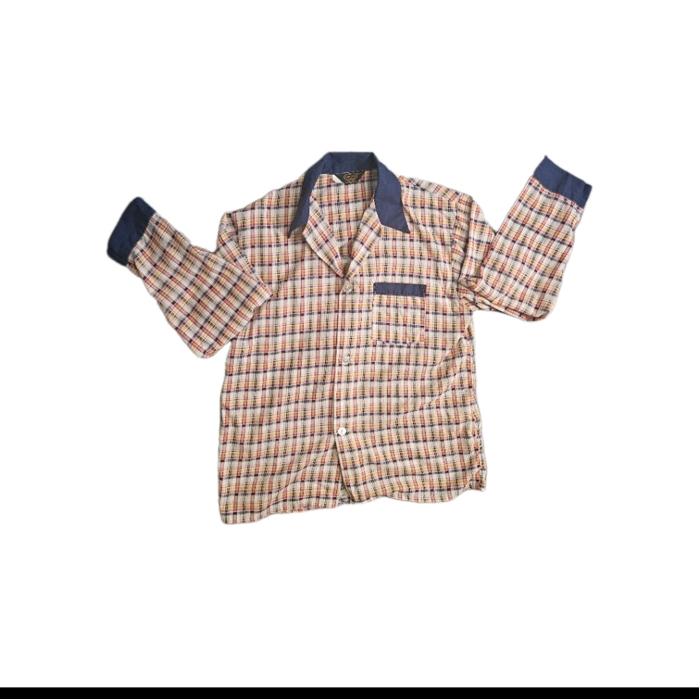 Vtg. Hampton Colorful Plaid Long Sleeve Cuban Collar Turn-Back Cuffs Size B= Med